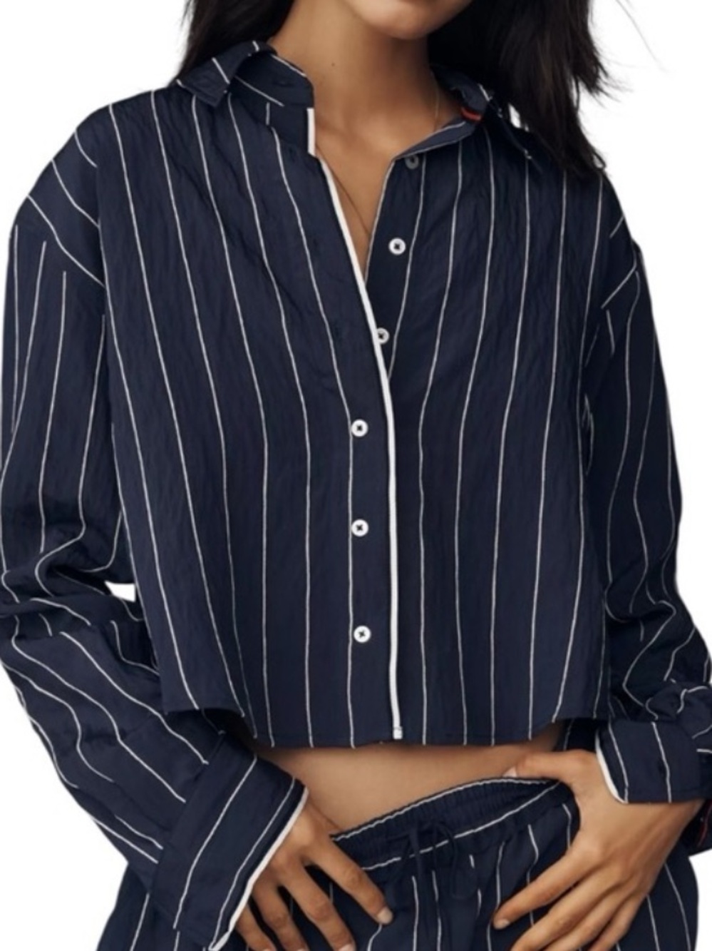 Anthropologie Maeve Pinstripe Silken Buttondown Crop Top Navy Stripe SIZE L NEW